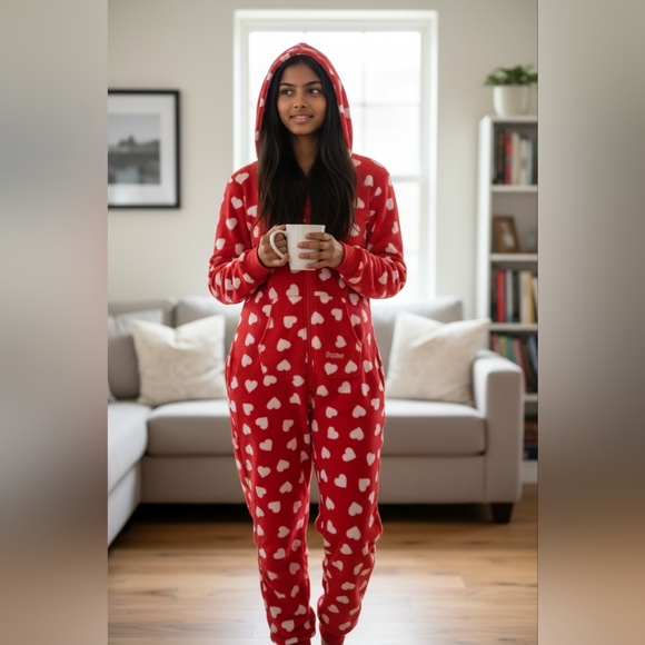 Tipsy Elves Other - Tipsy Elves Red Heart Print Hooded Onesie Pajamas Small
